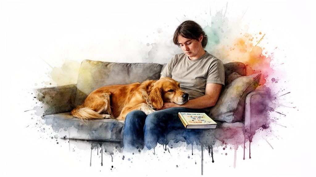 A person on a couch with a golden retriever dog, a book, in a colorful watercolor style.