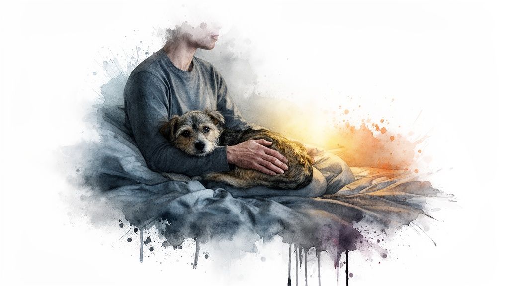A person lovingly holds a small terrier dog on a bed, with artistic watercolor splatters.