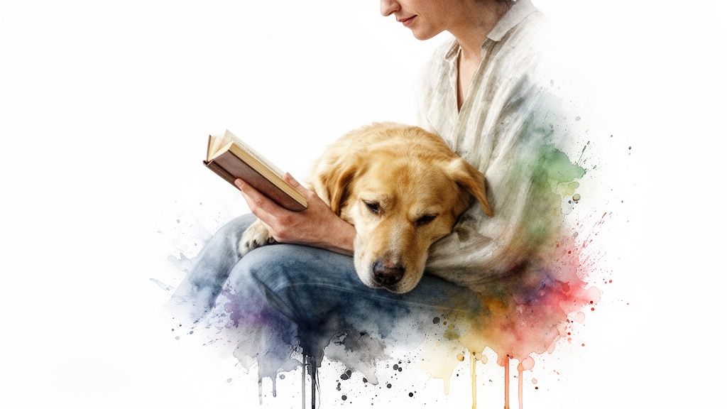 A person reads a book while a golden retriever dog rests its head comfortably on their lap.
