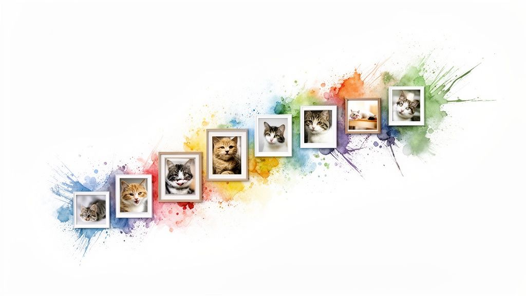 Nine framed cat portraits against a diagonal watercolour splash background, showcasing various feline expressions.