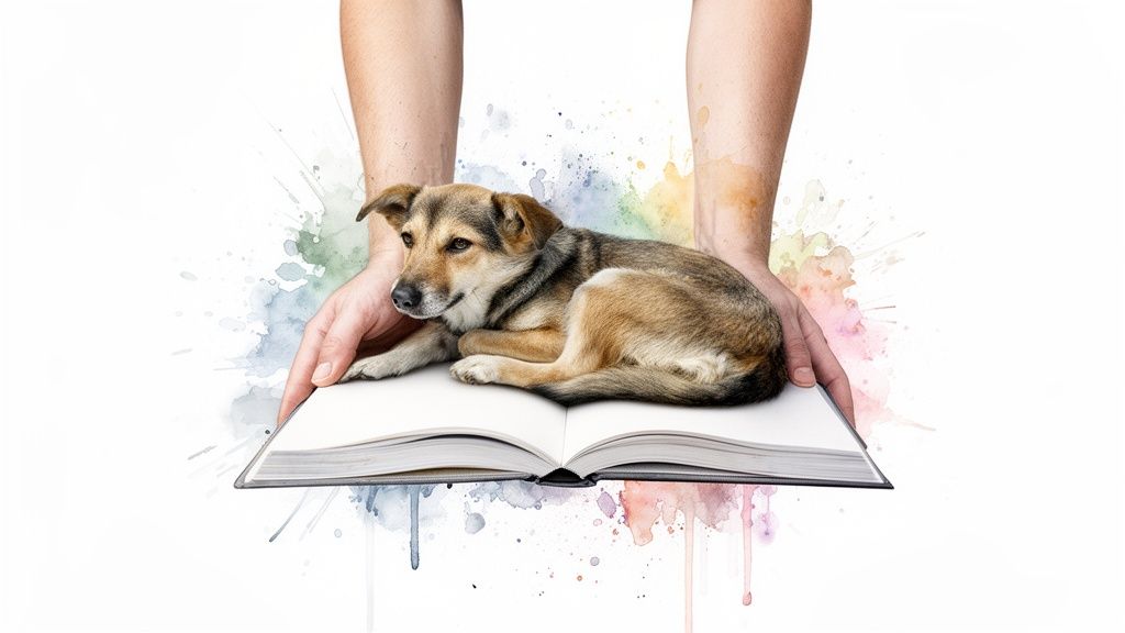 Human hands gently hold an open book with a calm stray dog lying on it, surrounded by watercolor splashes.