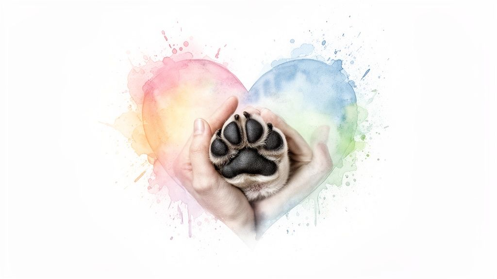 Close-up of human hands gently holding a small dog's paw inside a colorful watercolor heart.