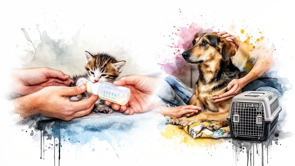 Hands bottle-feeding a small tabby kitten and petting a dog with a pet carrier, depicting animal care.