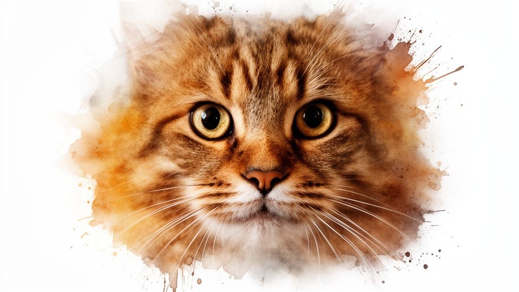 A watercolor painting of a tabby cat's face with bright golden eyes and artistic splashes.