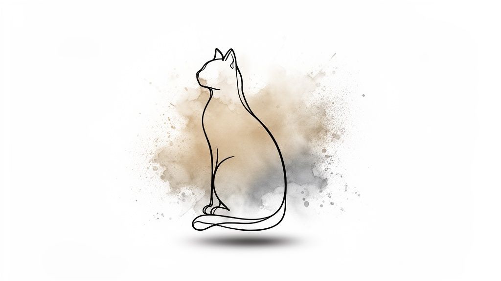 Minimalist line art drawing of a sitting cat with watercolor fill and splatters on a white background.