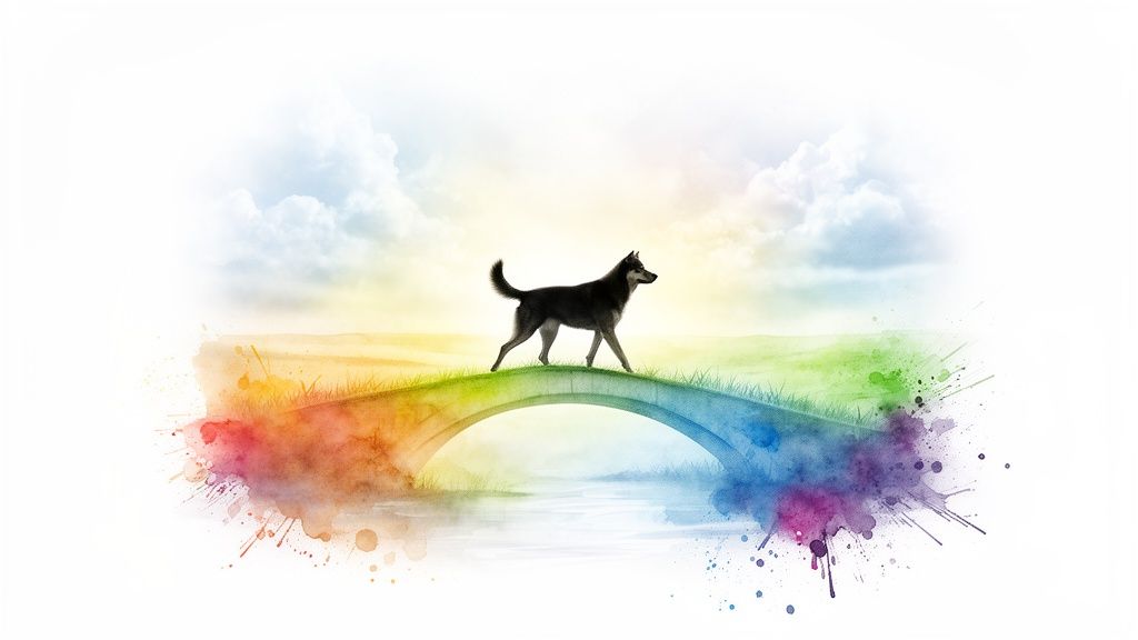 A beautiful black dog walks across a vibrant watercolour rainbow bridge under a soft, cloudy sky.