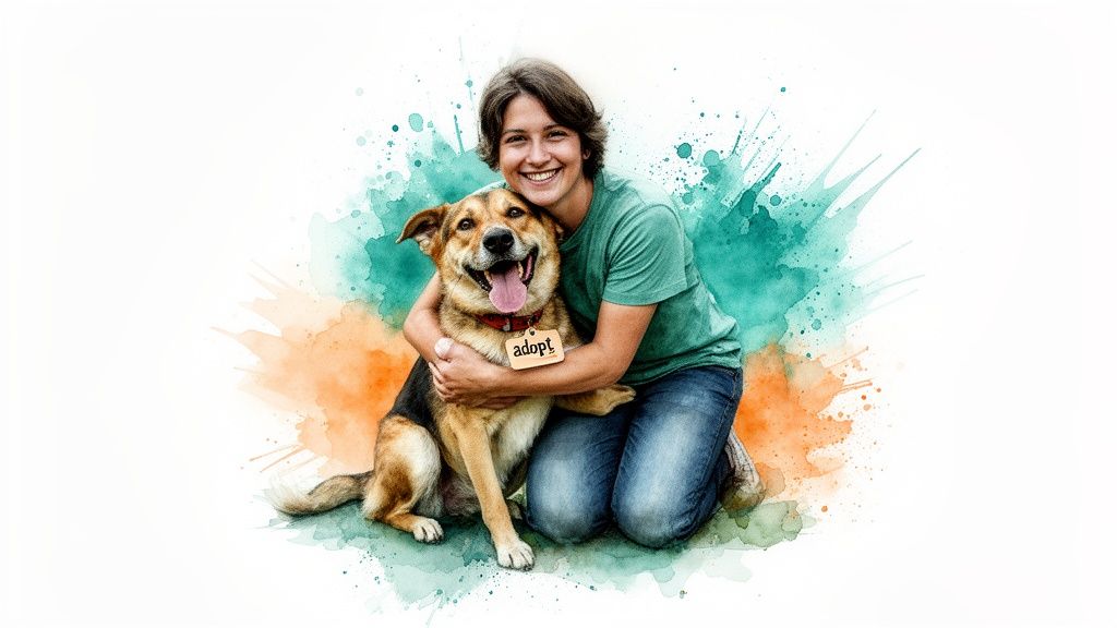 A happy person kneels, hugging a smiling dog with an 'adopt' tag, surrounded by colorful watercolor splashes.