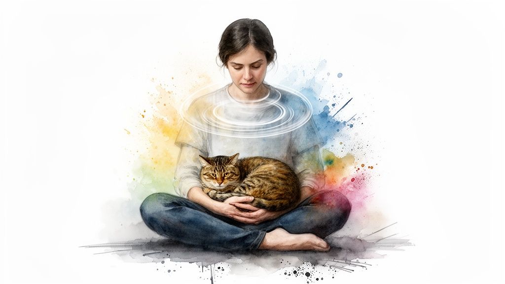 A serene woman sits cross-legged, cradling a tabby cat, with colorful watercolor splashes.