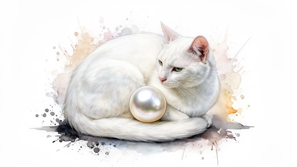 A serene white cat with green eyes, curled up with a large shimmering pearl, surrounded by watercolor splashes.