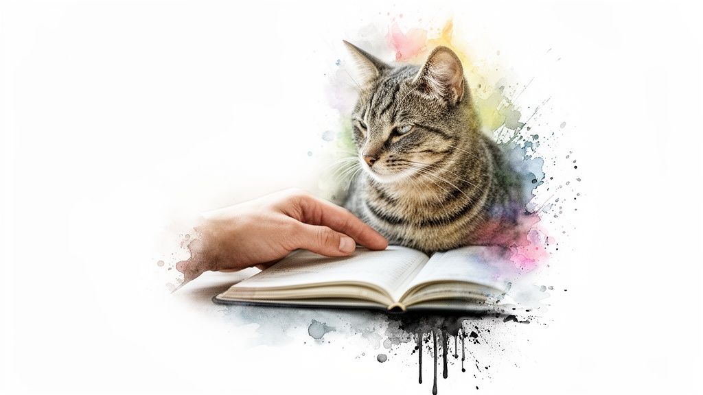 A striped tabby cat rests on an open book, a hand pointing to the pages, with colorful watercolor accents.