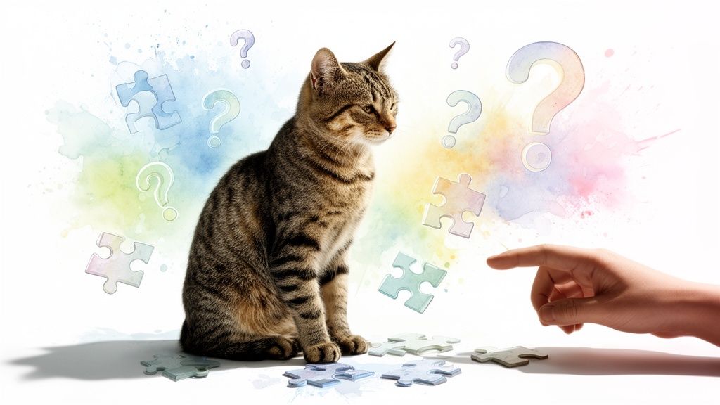 A thoughtful tabby cat sits among colorful puzzle pieces and question marks, with a hand pointing.