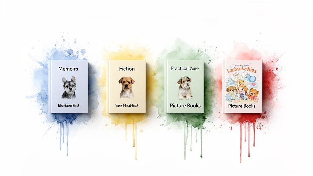 Four dog-themed books: Memoirs, Fiction, Practical Guide, and Picture Books, against watercolor splashes.