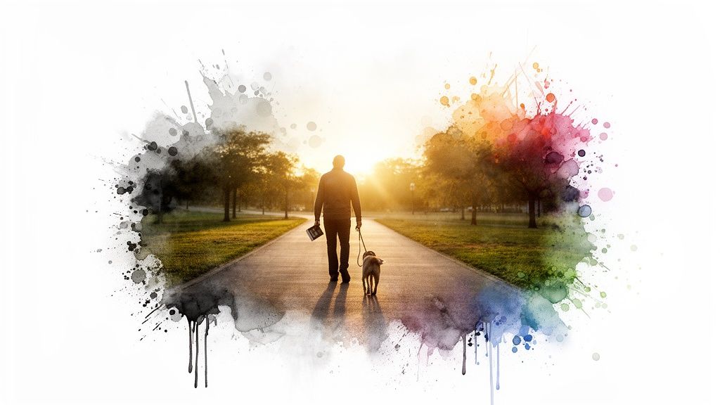 A person walks a dog on a sunlit path, holding a book, framed by colorful watercolor splashes.