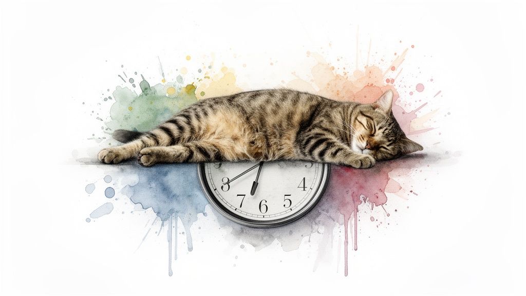 A peaceful tabby cat is sound asleep on a clock, surrounded by colorful watercolor splashes.