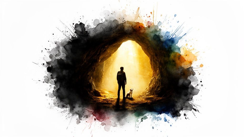 A person with a dog in a dark cave, looking towards a bright, golden light at the exit.
