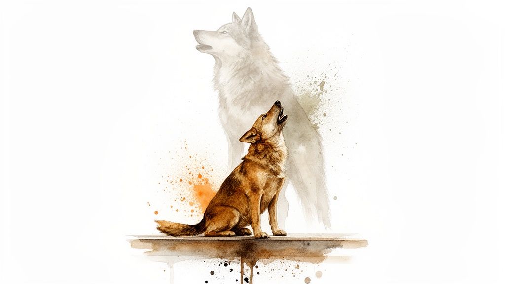 Watercolor art shows a brown dog howling upwards, with a translucent wolf spirit behind it.