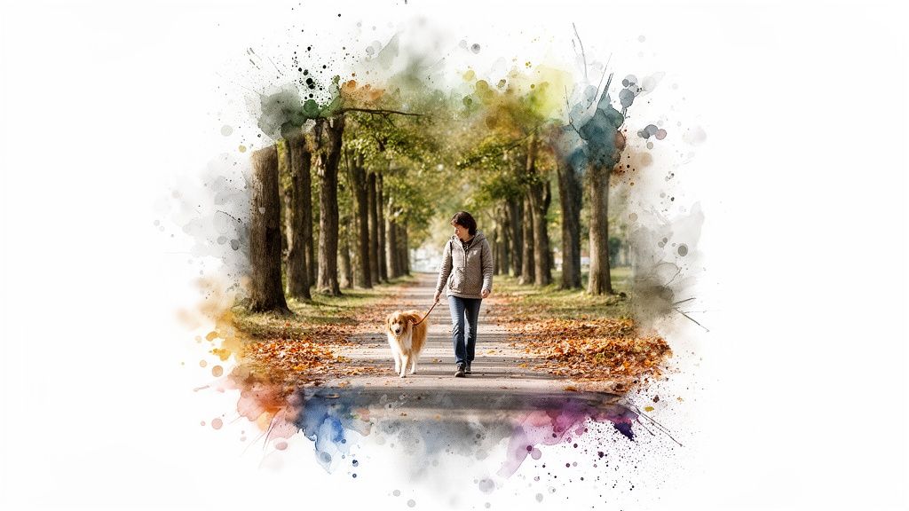 A woman walks her golden retriever dog on an autumn path lined with trees, in a vibrant watercolor style.