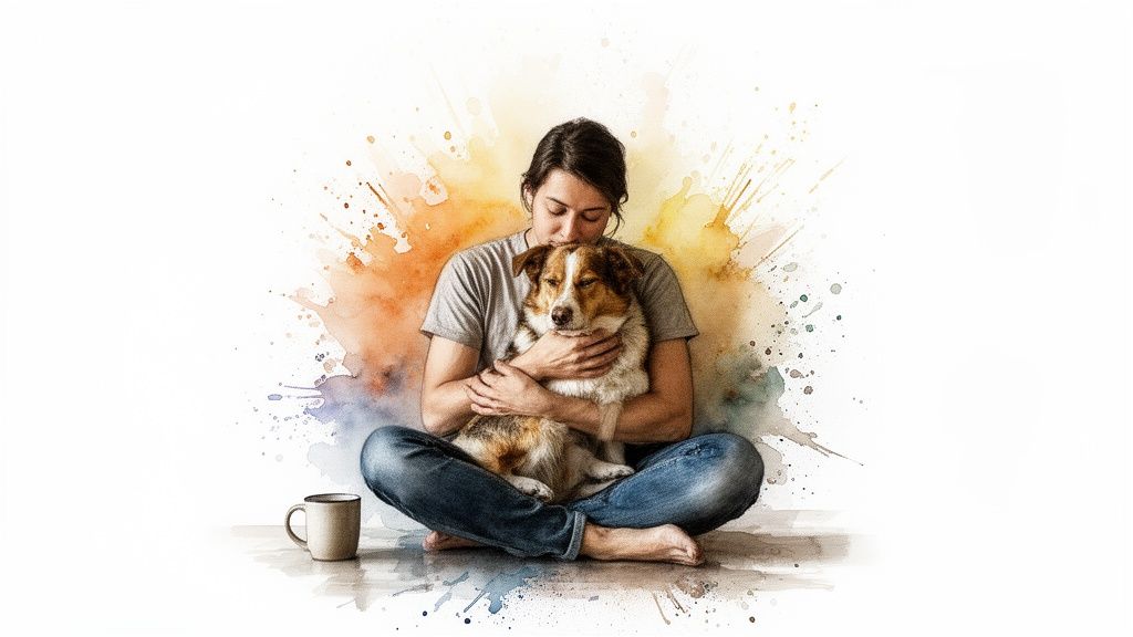 A person sits cross-legged, lovingly hugging a brown and white dog, with watercolour splashes.