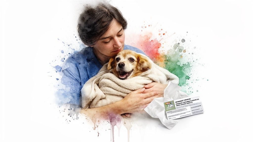 A person in blue scrubs gently holds a happy dog wrapped in a towel, with colorful watercolor splashes.