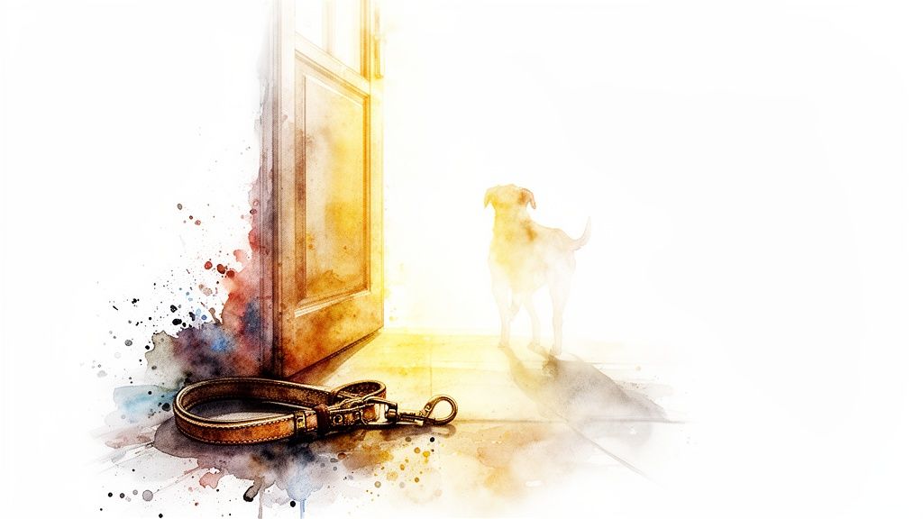 A dreamy watercolor painting of a dog looking out an open door, with a leash on the floor.