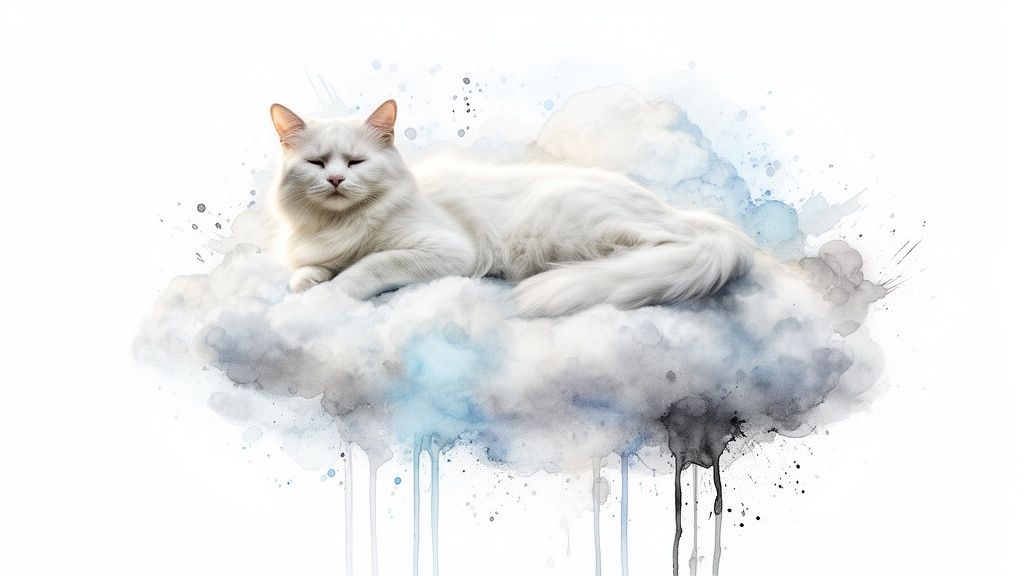 A fluffy white cat with closed eyes rests peacefully on a dreamlike watercolor cloud.