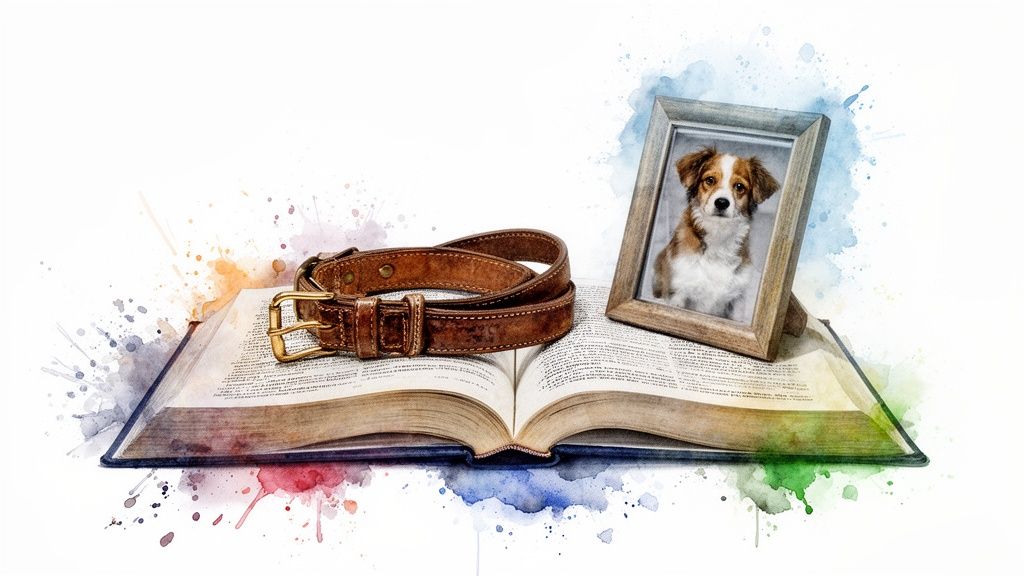 A watercolor image of an open book, a brown leather dog collar, and a framed photo of a small dog.