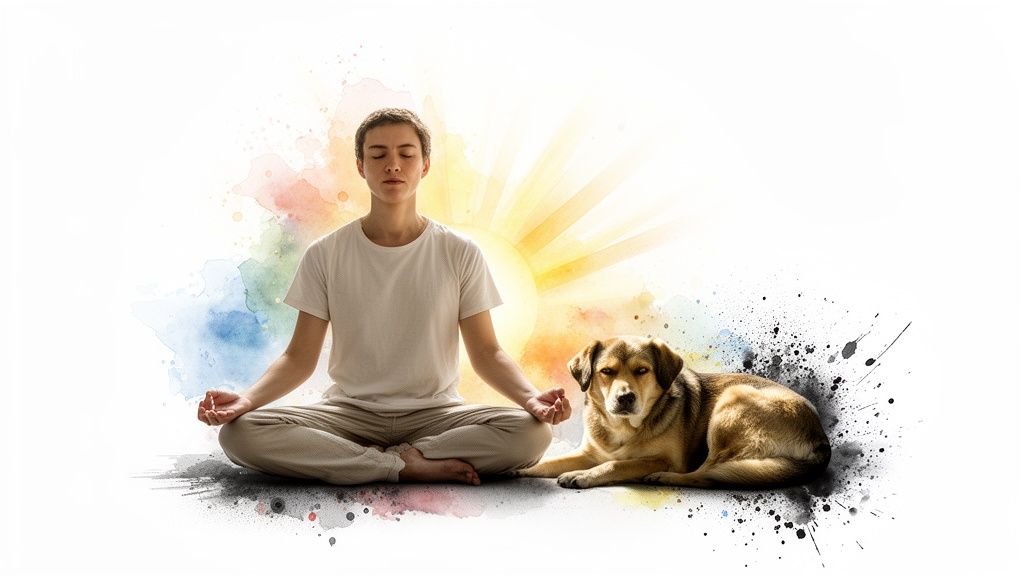 A serene person meditating in lotus pose next to a calm dog, amidst vibrant watercolor splashes.