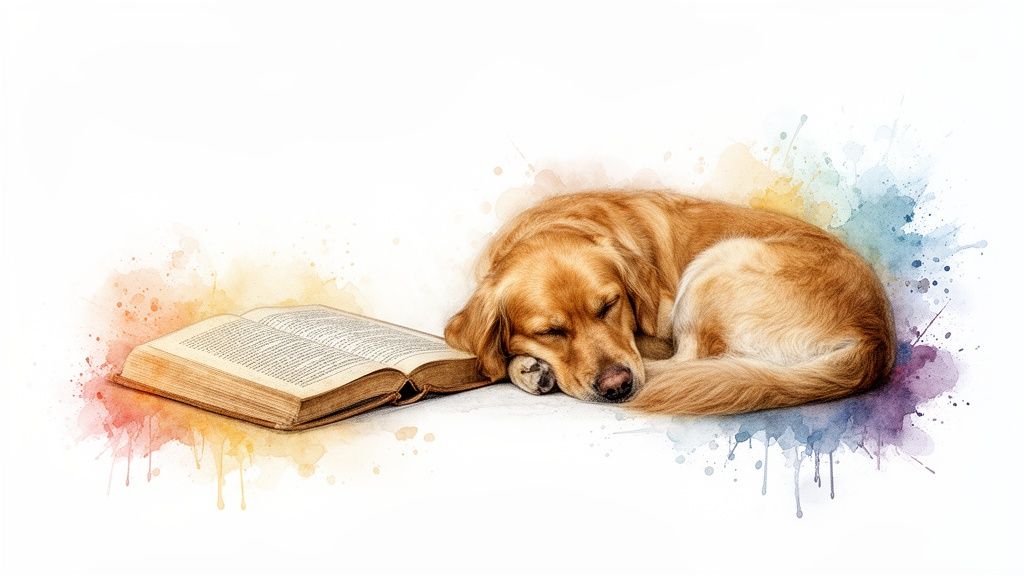 A golden retriever dog sleeps peacefully next to an open book with colorful watercolor splashes.
