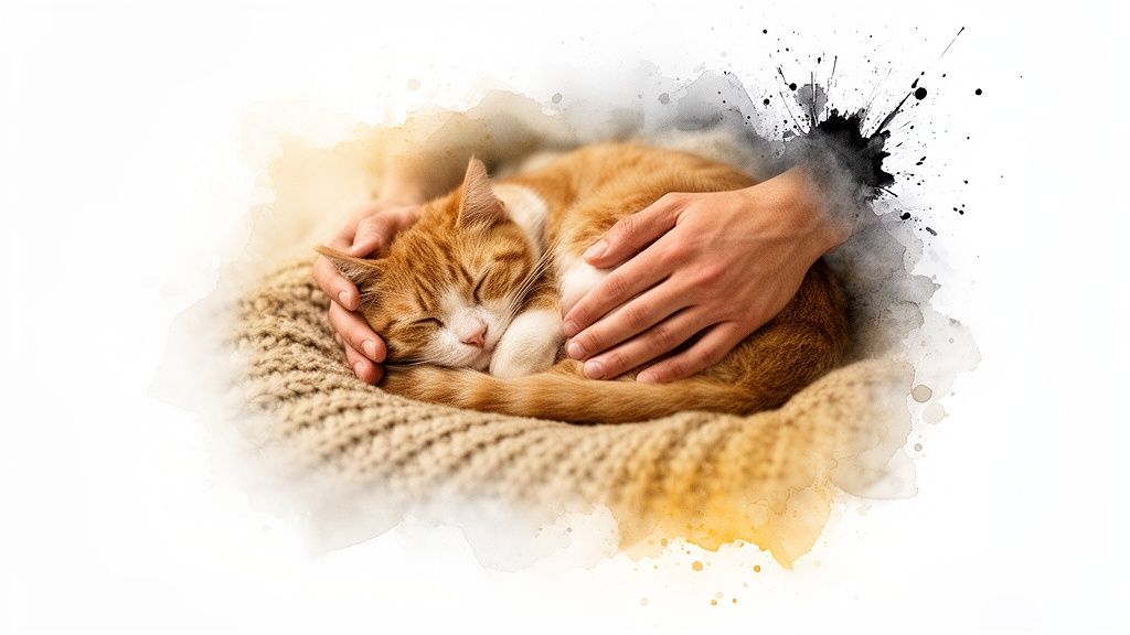 Close-up of human hands gently holding a sleeping ginger and white cat on a knitted blanket.