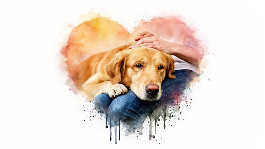 A golden retriever dog resting on a person's lap, being gently petted, with a heartwarming watercolor effect.
