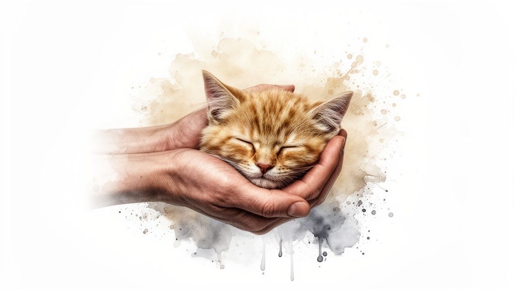 A pair of hands tenderly cradles a tiny, sleeping ginger kitten with watercolor effects.
