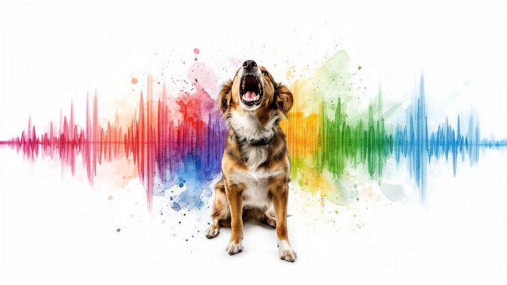 Brown and white dog howling with mouth open, against a vibrant, colorful watercolor sound wave background.