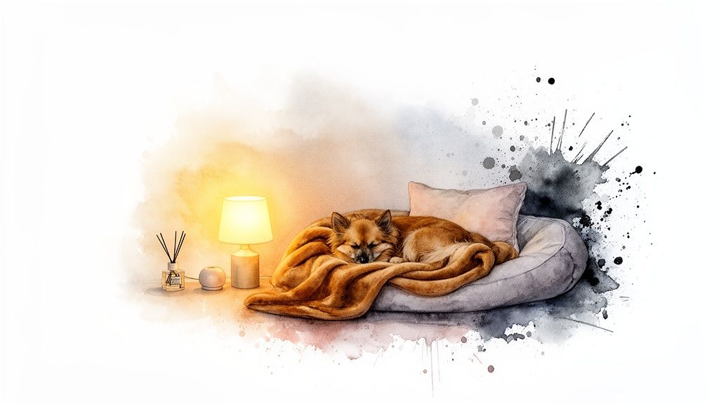 A watercolor illustration of a sleeping brown dog on a cozy grey bed under a warm blanket, beside a glowing lamp.