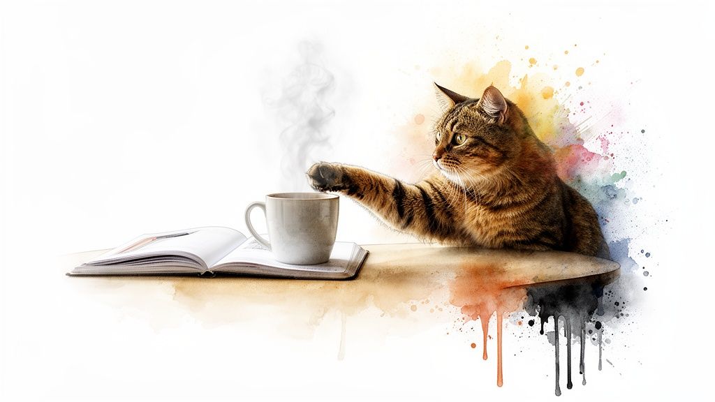 A playful tabby cat reaches for a steaming coffee cup next to an open book with watercolor art.