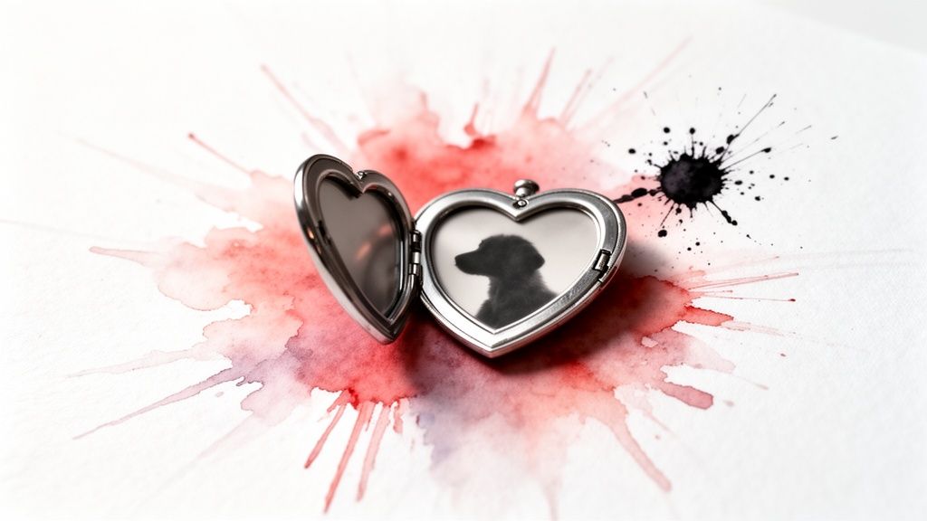 A heart-shaped locket open to reveal a dog silhouette inside, resting on white paper with red and black ink splatters.