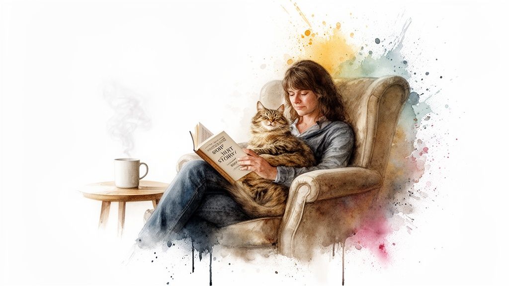 A woman reads a book with a cat on her lap in an armchair, with a steaming mug nearby.