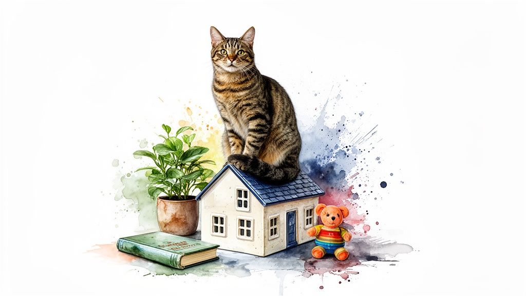 A whimsical watercolor illustration features a tabby cat perched on a miniature house, surrounded by a plant, book, and teddy bear.