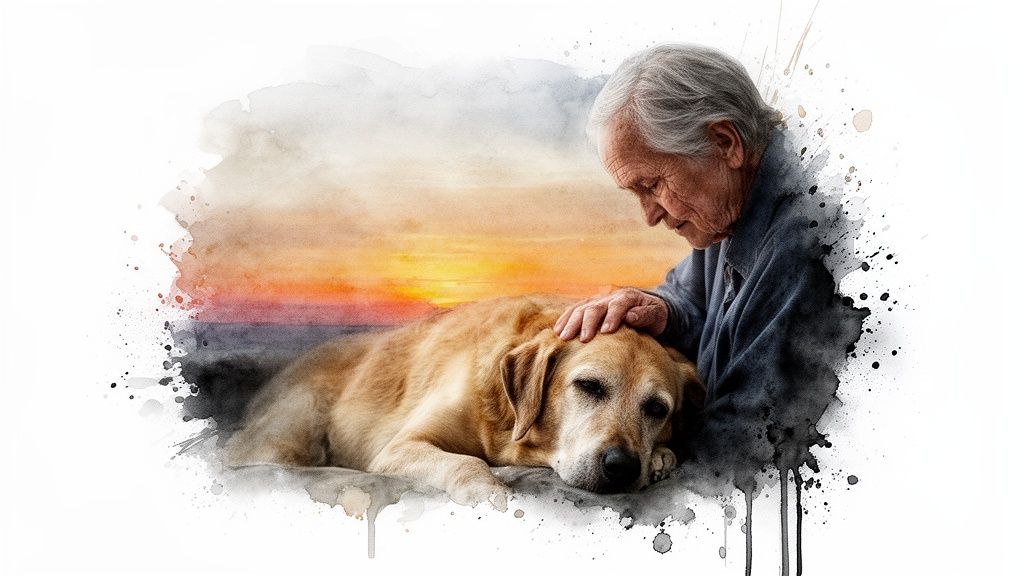 An elderly person gently pets a golden retriever dog against a watercolor sunset background.