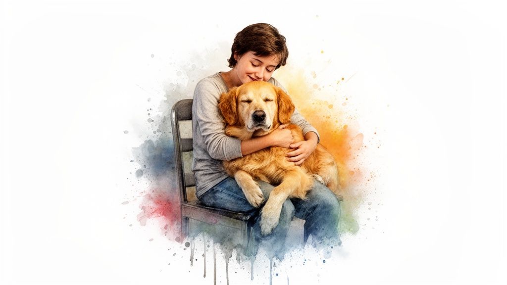 A person lovingly hugs a golden retriever dog, both closing their eyes in a serene watercolor image.