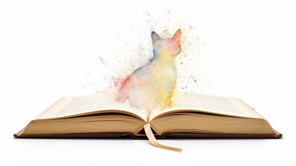 A colorful watercolor cat emerging from an open book, symbolizing imagination and stories.