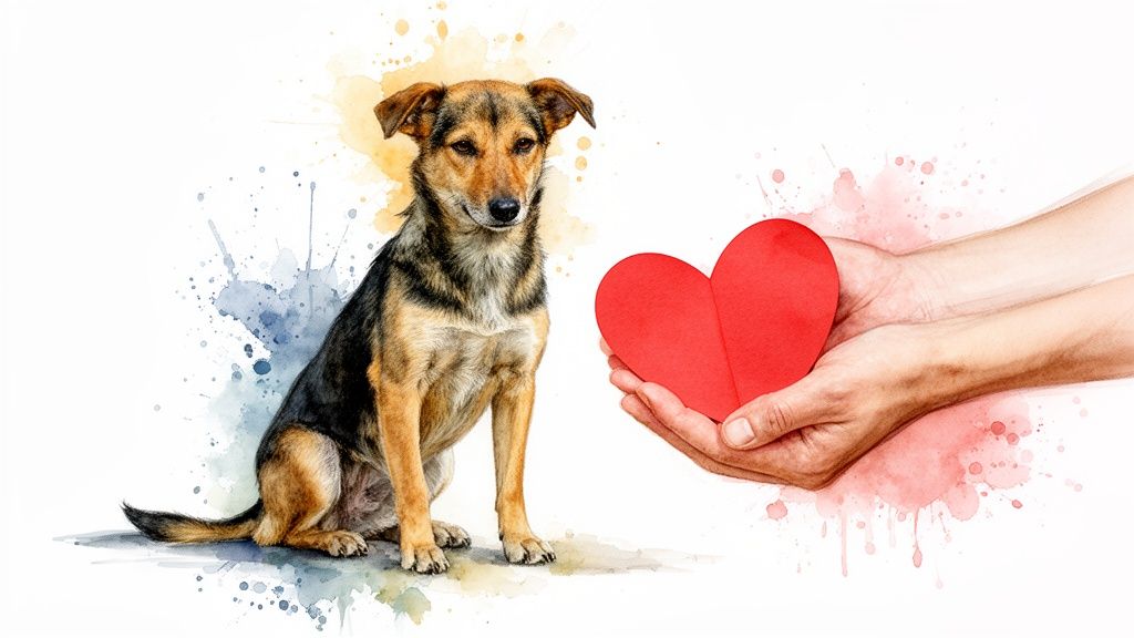A watercolor illustration of a stray dog looking at hands holding a red heart, symbolizing love and care.
