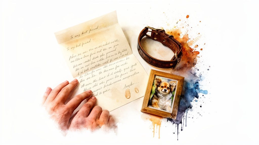 Watercolor scene: hands reading a heartfelt letter next to a dog collar and chihuahua photo.