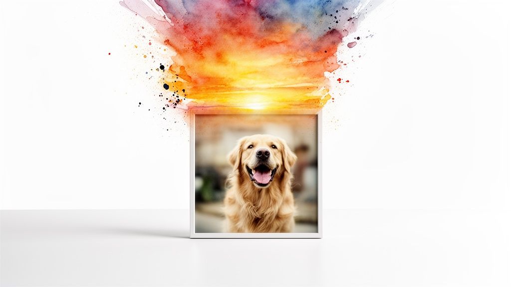 A happy Golden Retriever dog smiles inside a white frame with a vibrant watercolour sunset exploding above.