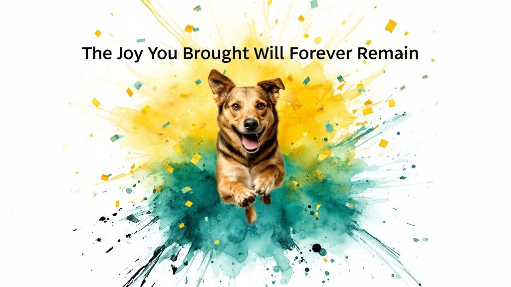 A happy dog jumps towards the viewer, surrounded by yellow and teal watercolour splashes and confetti, with a heartfelt quote.