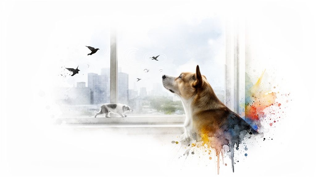 A watercolor dog gazes from a window at flying birds and a city skyline.