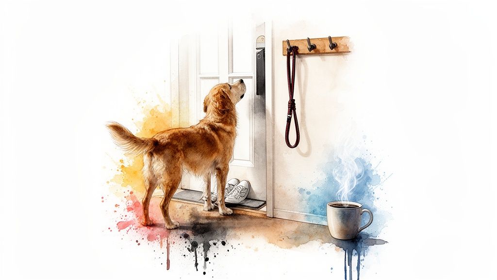 Golden retriever by a door, leash on wall, and a steaming coffee cup, watercolor art.