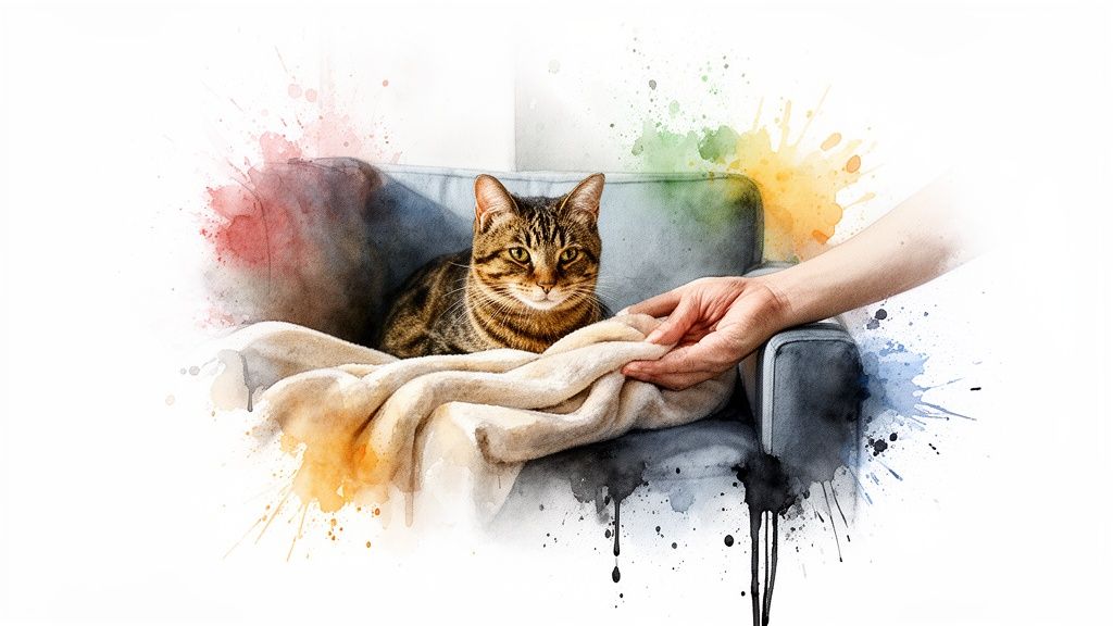 A tabby cat rests on a cozy armchair with a blanket, a hand gently touching, vibrant watercolor effects.