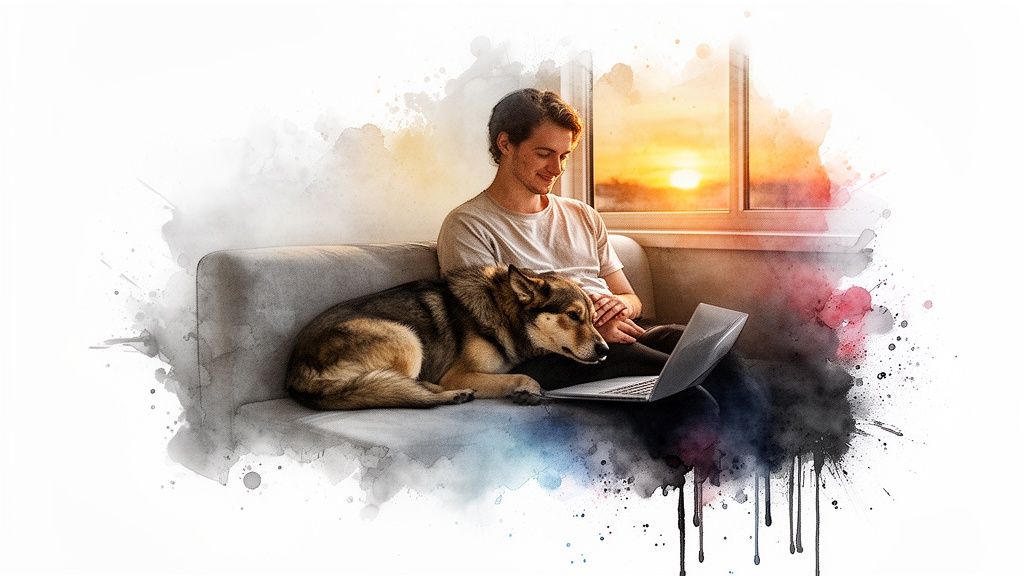 Smiling man and dog on a couch, using a laptop with a watercolor sunset effect in the background.