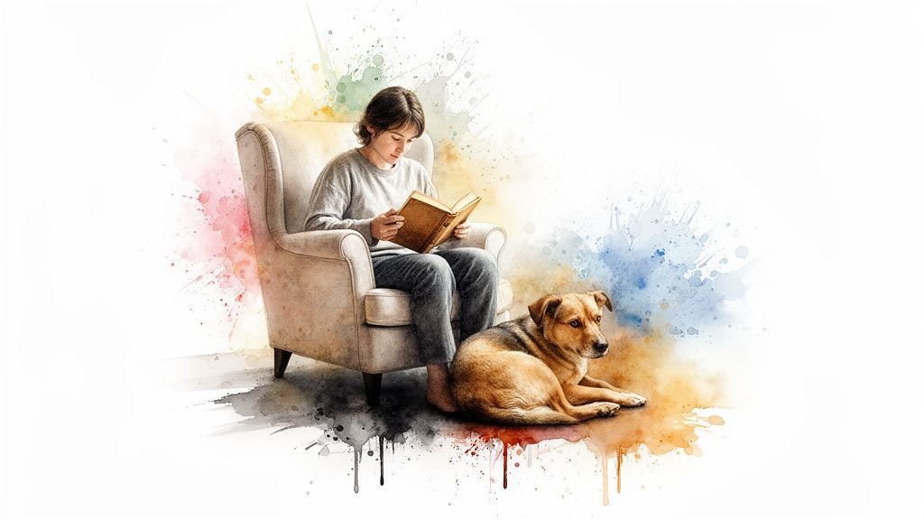 Person reading a book in an armchair, with a dog resting nearby on a colorful watercolor backdrop.