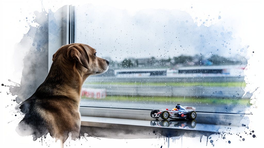 A dog looks out a rain-streaked window at a racetrack, a toy race car on the sill.